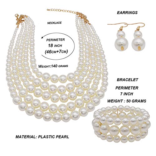 Jnf Multi Layer Pearl Strand Costume Jewelry Sets Pearl Statement Necklace Bracelet And Earrings For Women (White) #TOP2