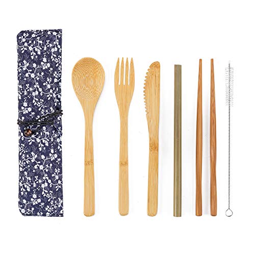 4 Pack Bamboo Cutlery Set Flatware Set Reusable Portable Utensils Travel Cutlery Set Bags, Forks, Knives, Chopsticks, Spoons,Straws And Brushes For Camping And Bbq (A) #TOP4