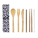 4 Pack Bamboo Cutlery Set Flatware Set Reusable Portable Utensils Travel Cutlery Set Bags, Forks, Knives, Chopsticks, Spoons,Straws and Brushes for Camping and BBQ (A)
