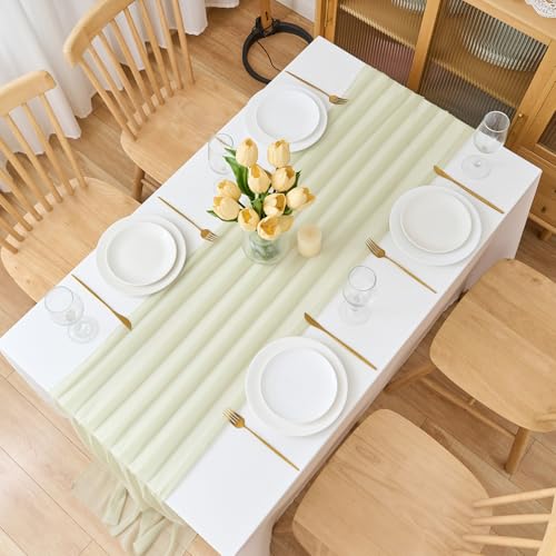 CHUQING Chiffon Tischläufer Hochzeit Tischdeko Stoff Tischdecke Sanftbeige – Ansicht 4