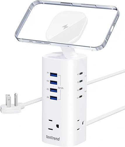 Vista 7 de Regleta protectora contra sobretensiones en torre con 3 salidas de CA y 8 puertos USB (4 USB-C), estación de carga rápida TenTrend de 160 W, cable