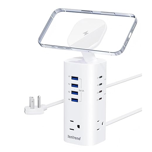 115W Fast Charging Station, TenTrend Power Strip Tower Surge Protector, 5FT Extension Cord with 3AC Outlets & 8 USB Ports(4 USB-C), Flat Plug Charging Tower for Home, Office Supplies, Dorm Room