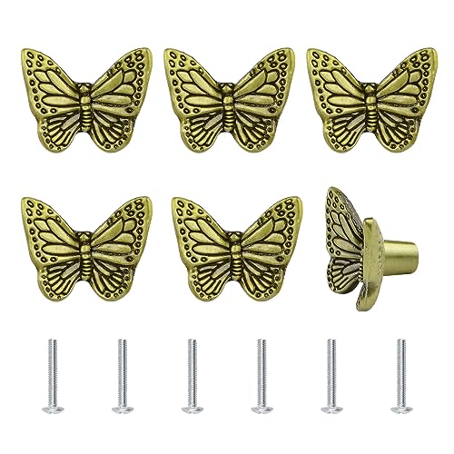 UFURMATE Drawer Knobs, 6Pcs Zinc Alloy Pulls Handles Antique Furniture Cabinet Knobs with Screws for Drawer Cupboard (Bronze Butterfly)
