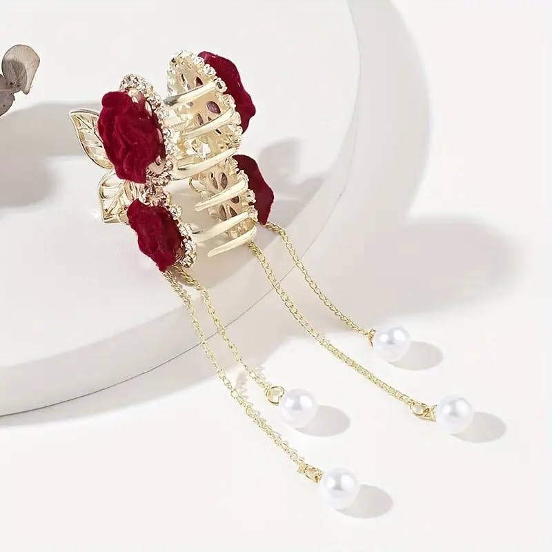 Navmav 2pieces Trendy Rose Flower Design Clutcher Korean Stylish Zircon Stone With Pearl Pendent Hair Claw ' Hair Pin Tassel Hair Claw Female Hair Accessories For Woman & Girl 4