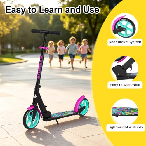 Image of SIMATE Kick Scooter for Kids Teens & Adults, 4 Adjustable Heights, 8IN All Terrain Big Wheels, Foldable and Lightweight, Gifts for Girls Boys