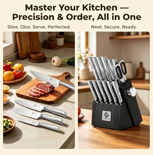 Image of imarku 14-Piece Knife Set with Block, One Set for Meat, Fish, Veggies & Bread, Glides Through Every Cut, High Carbon Stainless Steel with Built-in Sharpener, Dishwasher Safe, utility knives