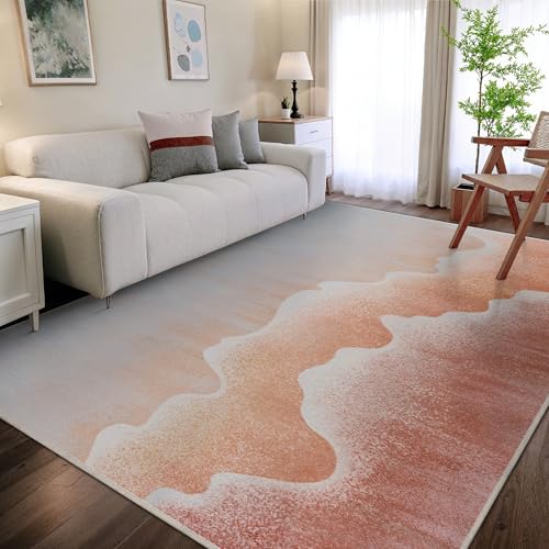 Area Rugs 8x10 for Living Room Bedroom, Modern Abstract Machine Washable Rug, Large Soft Low Pile Floor Cover with Non Slip Backing for Dining Room, Coral Pink