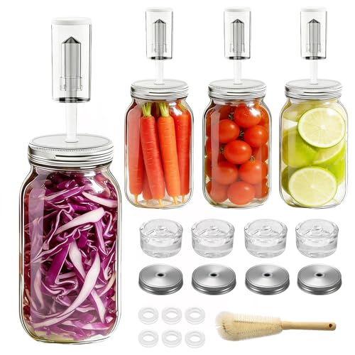 Kit de fermentación para tarro de fermentación Mason de boca ancha, kit de chucrut de pepinillos, 4 tapas de fermentación, 4 pesos de fermentación de vidrio, 1 limpiador de cepillos de madera (tarros