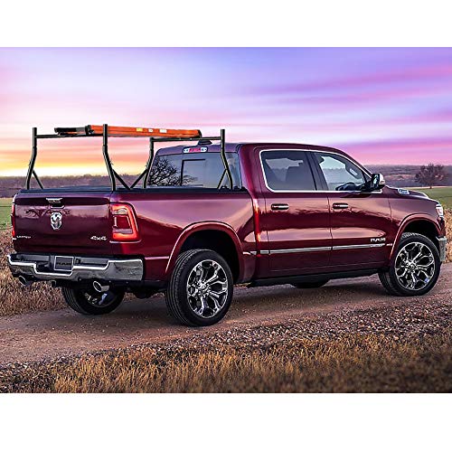Truck Ladder Rack 800lbs Capacity with 8 Non-Drilling C-Clamps Heavy Duty Extendable Universal Pickup Ladder Rack Two-bar Set Matte Black One Pair