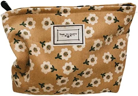 HAPPYHEIDI Women Floral Corduroy Canvas Travel Makeup Bag Cosmetic Pouch Purse Organizer, Khaki