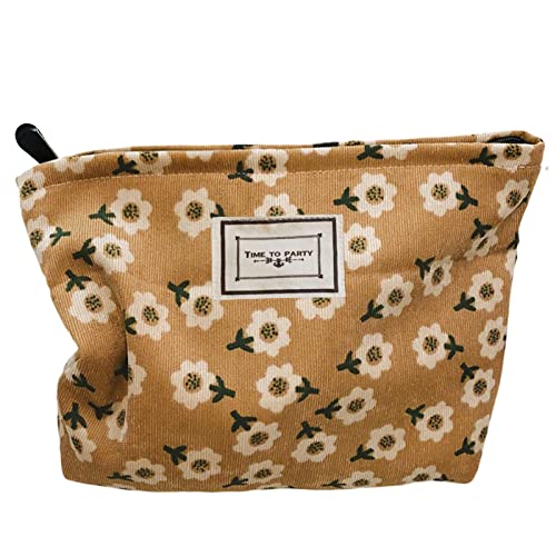 Happyheidi Women Floral Corduroy Canvas Travel Makeup Bag Cosmetic Pouch Purse Organizer, Khaki #TOP2