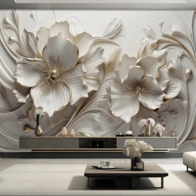 Papier peint fleurs 3D photo mural de luxe pour salon chic 300cm - 2