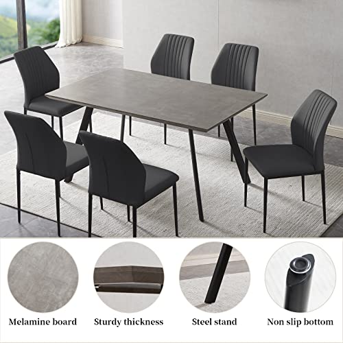 Zckycine Modern Mid-Century Dining Table 7-Piece Kitchen Table Set For 6 People Rectangular Solid Wood Dining Table With 6 Upholstered Leather Chairs #TOP2