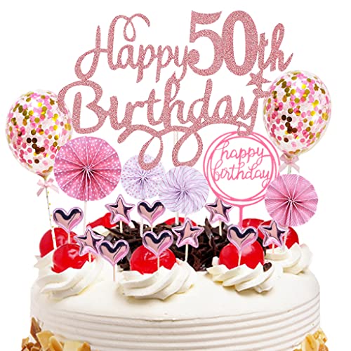 Ouceanwin Décoration de Gâteau d'anniversaire 50 ans Femme, Cake Topper Happy Birthday 50 ans Or Rose avec Ballons Confettis, Gâteau de Joyeux Anniversaire Décorations pour 50 ans Femme Cover