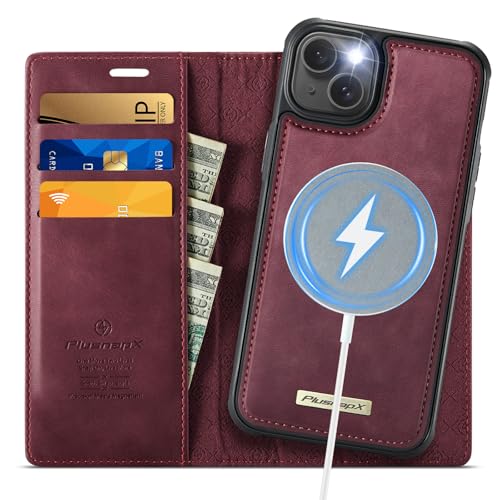 Image of Wallet Case for iPhone 13 Compatible with Magsafe, 2-in-1 PU Leather Flip RFID Blocking Card Holder Stand Shockproof Magnetic Detachable Case for iPhone 13 Case 6.1 inch, Burgundy