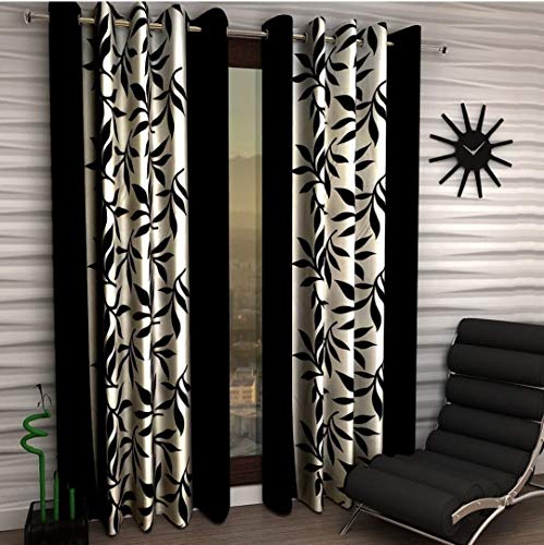 Image of Woah Polyester Floral Door Curtain Door Window Curtain Premium Polyester Weaved Parda Modern Parde for Living Room Bedroom Home Office Screens Eyelet Ring 9-feet (Black)