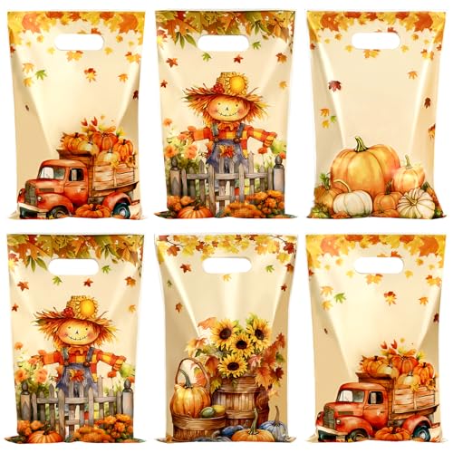 Fall Thanksgiving Treat Bags 60 PCS Fall Thanksgiving Gift Bags with Handles 9.8x6.5 Inch Plastic Maple Leaf Pumpkin Scarecrow Candy Goodie Cookies Bag for Falls Autumn Haverst Party Favor Supplies