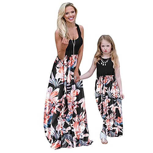 Coralup Vestido casual para niñas de primavera, otoño, madre, hija, a juego, largo, estampado floral, de algodón, 12-18 meses, color azul, Negro, XL Cover