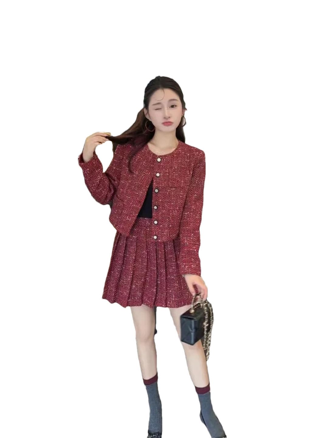 Womens Round Neck Single-Breasted Long-Sleeved Plaid Wool Tweed Jacket and Fringed Miniskirt Set