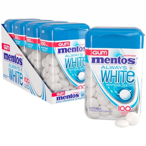 Mentos Always White Peppermint Sugar Free Chewing Gum with Xylitol Sweetener,100 per Bottle, 4 Count (Pack of 2)
