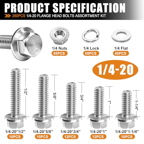 Image of mankk 260PCS Flange Head Bolts Assortment Kit 1 /4-20 x (1 /2 inch,5 /8 inch,3 /4 inch,1 inch,1-1 /4 inch) 304 Stainless Steel SAE Flange Hexagon Screws and Serrated Flange Nuts Kit
