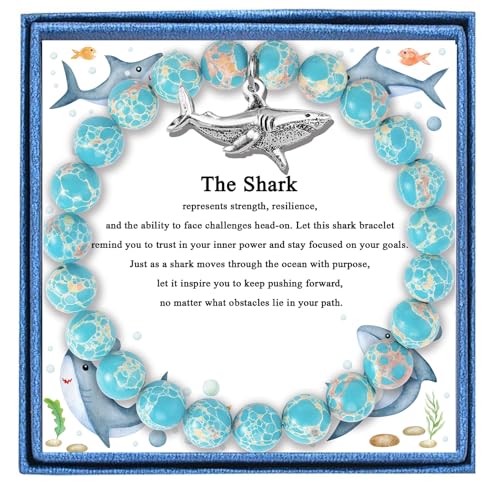 PARTNER Cute Shark Inspirational Birthday Gifts for Women Best Friends Unique Gifts Natural Stone Beaded Bracelets for Women Agate Beaded Jewelry with Meaningful Message Card For Shark Lover