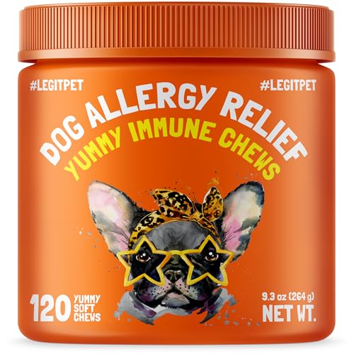 Allergy Relief Chews for Dogs & Immune & Digestive Supplement with Wild Salmon Oil Kelp Colostrum Turmeric Probiotics & Bee Pollen for Seasonal Allergies Anti Itch, Skin Hot Spots 120 Soft Treats
