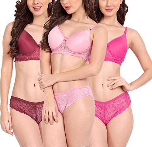 Image of FIMS - Fashion is my style Women Cotton Floral Lace Padded, Non-Wired, Full Coverage, Seamless Bra Panty Set, Multicolor, Lingerie Set