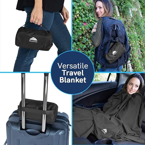 Image of BlueHills Ultra Compact Travel Blanket 2 Pack Large Soft Cozy Portable Blanket Sheet with Carry Case and for Flight Airplane Car Layover Camping Hotel C203-2PK-Black