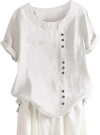 Plus Size Tops for Women Casual Summer Cotton and Linen Short Sleeve Crew Neck Button Down Shirts Solid Loose Blouses