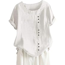 Cotton Linen Shirts for Women Lightweight Ethnic Style Floral Embroidery Casual Loose Fit Buttons Comfy Blouses Trendy Scalloped Easy Wear Tunic Plus Size Tops