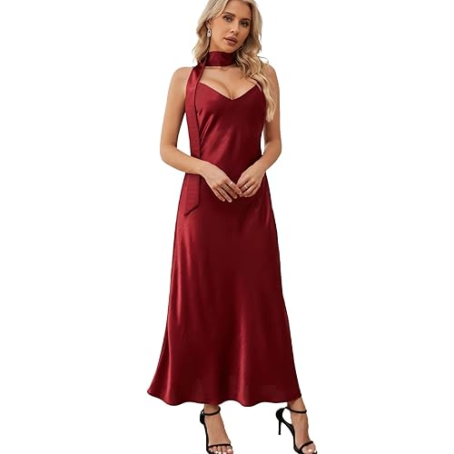 Elegant V-Neck Bias-Cut Satin Slip Maxi Dress with Detachable Scarf