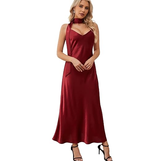 Elegant V-Neck Bias-Cut Satin Slip Maxi Dress with Detachable Scarf