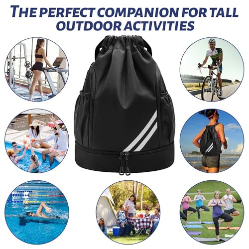 Mochila playa para hombres y mujeres, mochila cuerdas, con compartimento para zapatos, bolsillo principal y bolsillo interno, mochila deportiva para baloncesto, fútbol y deportes (Negro) - imagen 7