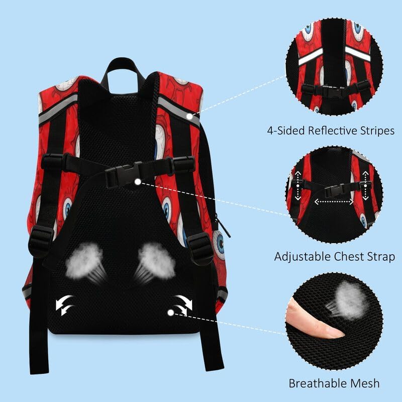 QUGRL Eyes on Red Background Toddler Backpack for Boys Girls Halloween Kids School Backpack with Chest Strap Leash Preschool Schoolbag Nursery Kindergarten Bag for Daycare Travel Hiking School