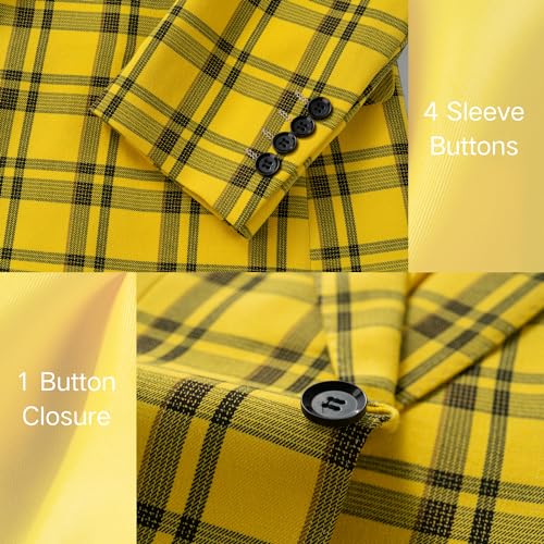 Mens Blazer Plaid Sport Coats One Button Casual Slim Fit Checked Jacket US Size 36 Yellow4