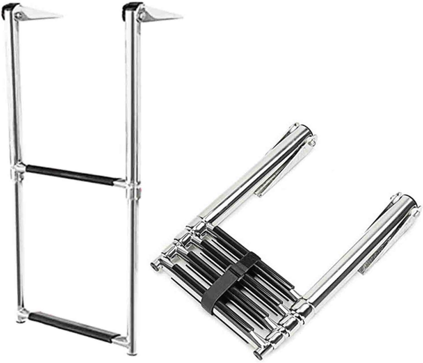 Boat Telescoping Swim Ladder 2/3/4 Step Folding, Stainless Steel Extendable Under Platform Dock Ladders with Retaining Strap, Pontoon Boat Ladder for Marine Yacht/Swimming Pool