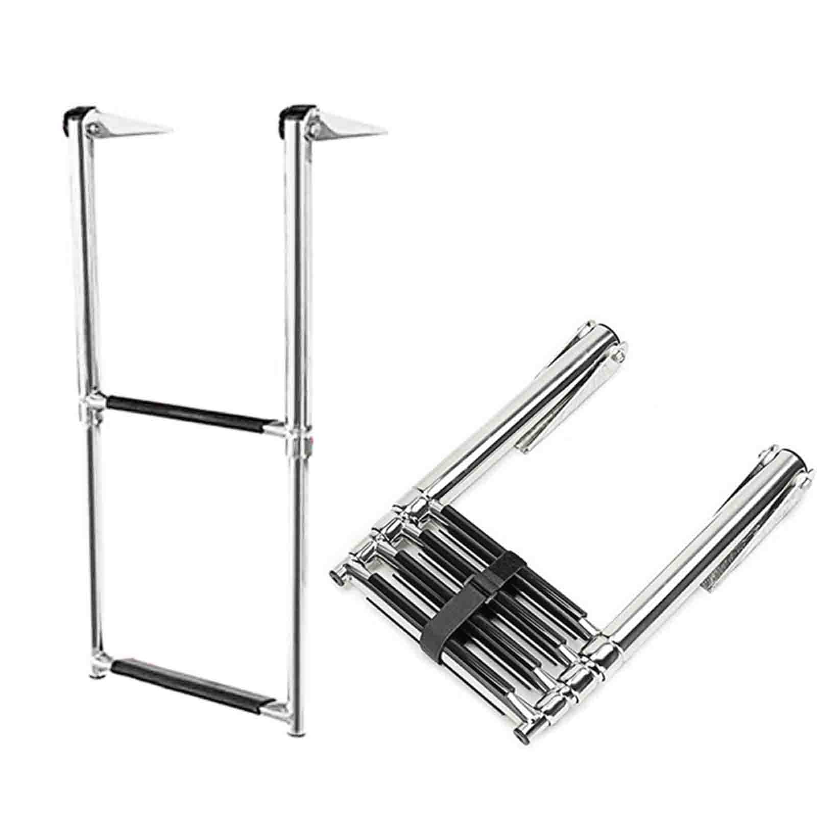 Boat Telescoping Swim Ladder 2/3/4 Step Folding, Stainless Steel Extendable Under Platform Dock Ladders with Retaining Strap, Pontoon for Marine Yacht/Swimming Pool,Silver,2
