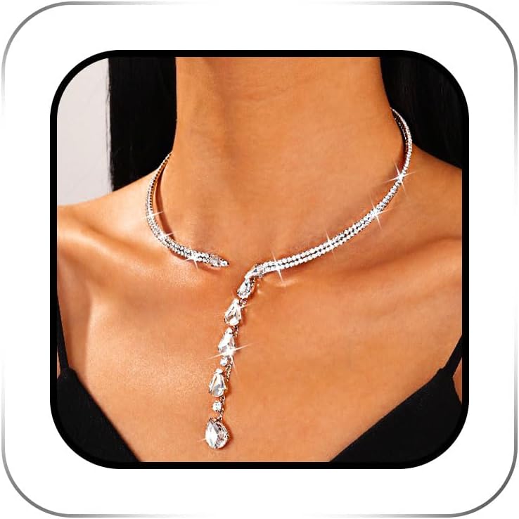 ACEDRE Rhinestone Neckalce Silver Sparkly Drop Long Diamond Choker Jewelry for Women