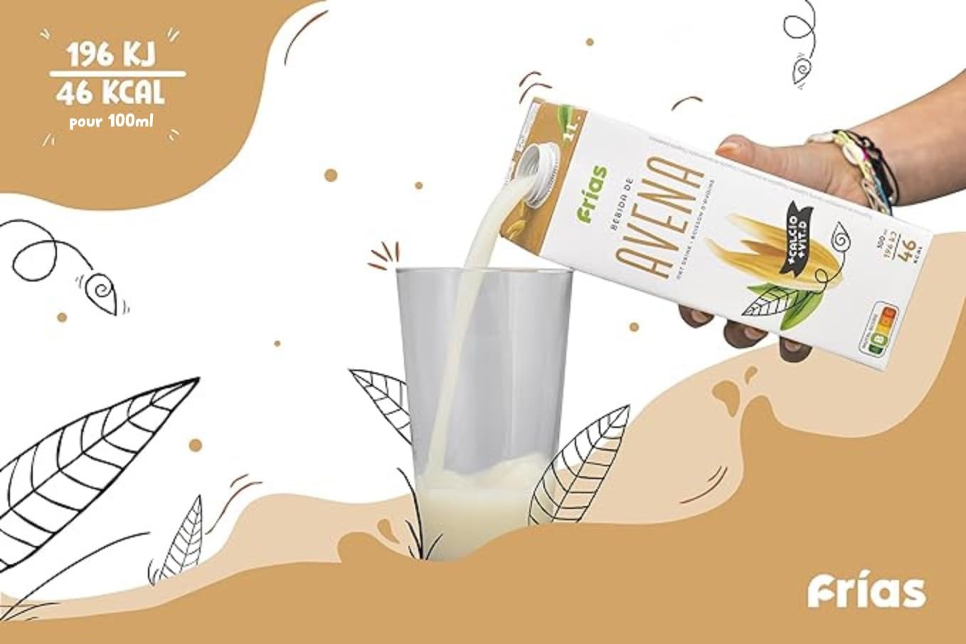 Frías - Boisson Végétale à l'Avoine - Enrichie en Calcium - Pack de 6 Unités de 1 L - Sans Lactose ni Sucres Ajoutés - 100% Végane - Pauvre en Graisses Saturées - Fabriquée en Espagne