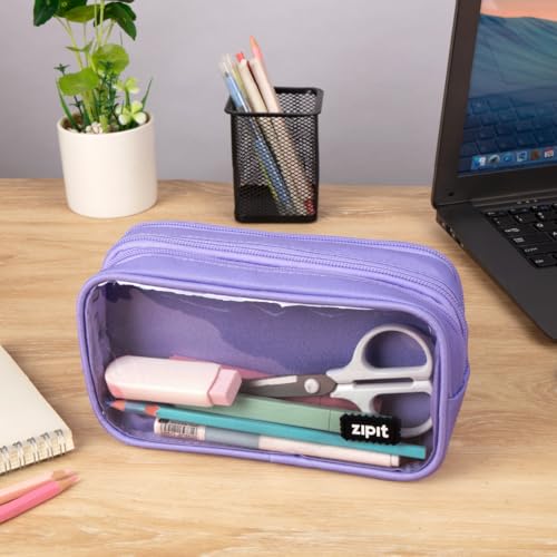 Image of ZIPIT Half & Half Pencil Case for Girls, 3 Compartment Zipper Pouch for School, Stationery Bag for Teen and Adults, Purple