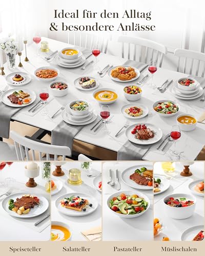 MALACASA Geschirrset 24-teilig, Porzellan Schüssel und Teller Set, Tafelservice 6 Personen, Weiße Speiseteller & Schalen, Rundes Essgeschirr Set, Spülmaschinen- & Mikrowellengeeignet, Serie LEXI