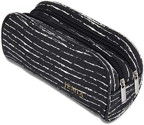 JEMIA Dual Compartments Collection 2 Independent Zipper Chambers with Mesh Pockets Pencil Case (Black White Stripes, Canvas)