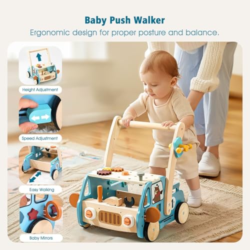 IEATFO Wooden Baby Walker Adjustable Height & Speed with Tool Bench and Toy Storage Wagon - Multifunctional Toddler Push Walker Ergonomically Designed for Natural Walking - 3+ Years of Continuous Use