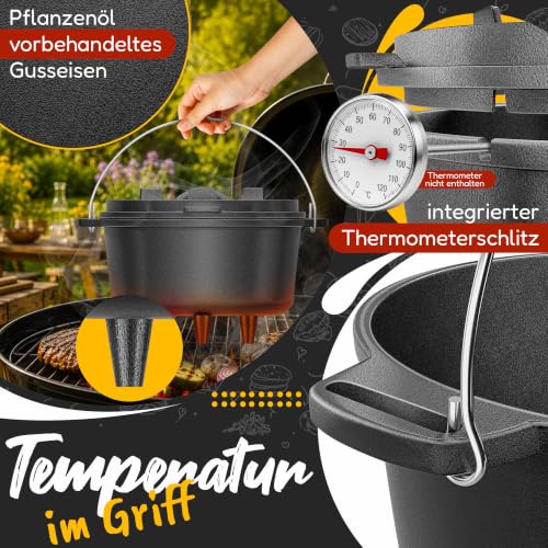 Foto von aktimeo Dutch Oven 12 Liter [14-20 Personen], eingebrannter Feuertopf aus Gusseisen mit Füßen, Schmortopf mit 2in1 Wendedeckel, Grilltopf, Dutch Oven Set inkl. Rezeptbuch, Deckelheber und Bürste