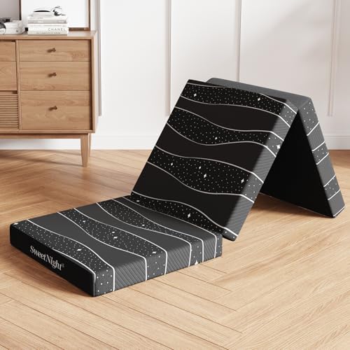 Sweetnight Tri-fold Mattress - 4 Inch Dual-Layer Foam Folding Mattress | Removable & Washable 500G Superfine Fiber Cover | Suitable for Camping, RV & Home Use (Single)