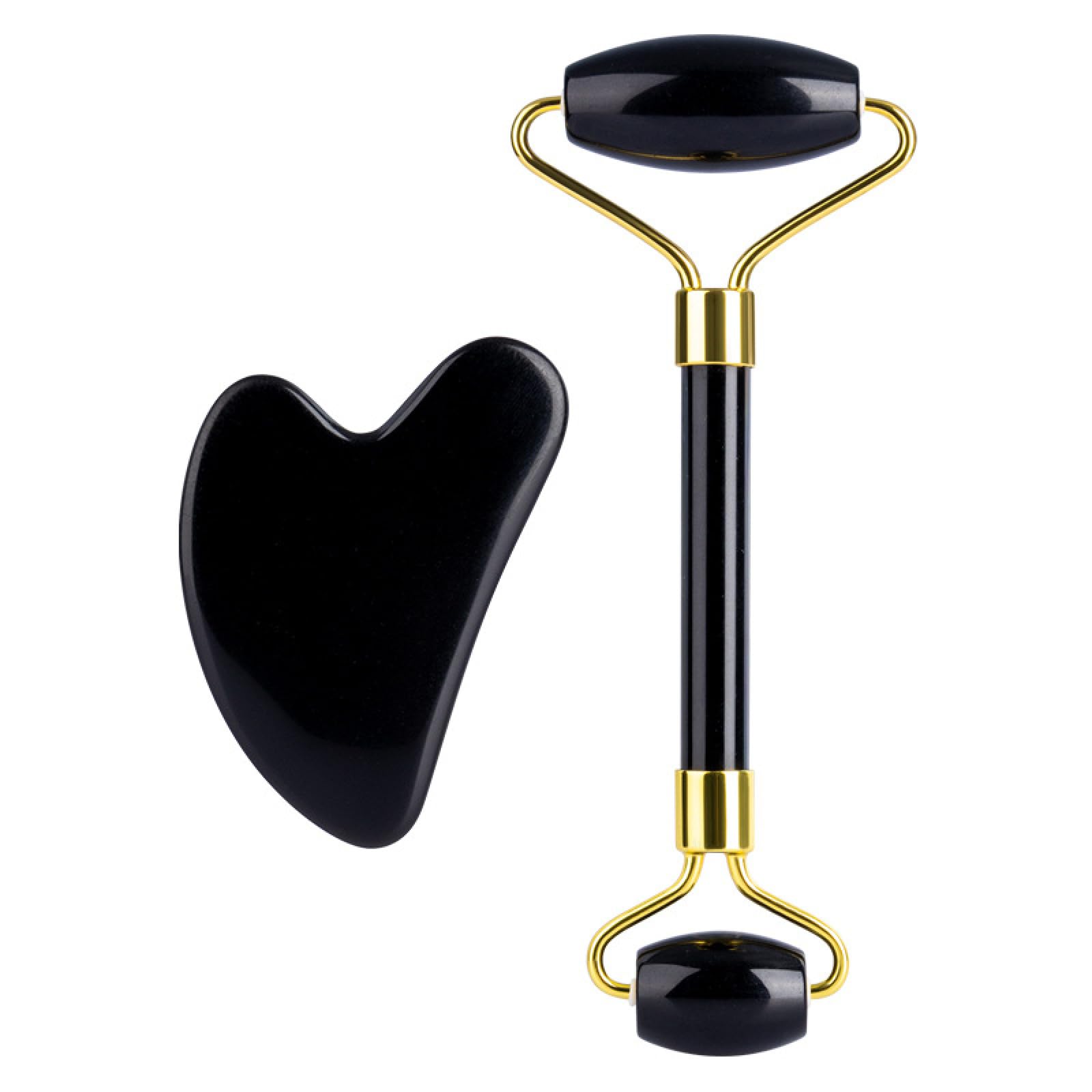Raumdekoration Natürlicher Obsidian Gua Sha Schaber Massageroller Guasha Massagewerkzeug Gouache Stein Gesichtsjade Roller Gesichtsschaber, schwarzer Roller (Color : Black Guasha-2-box)