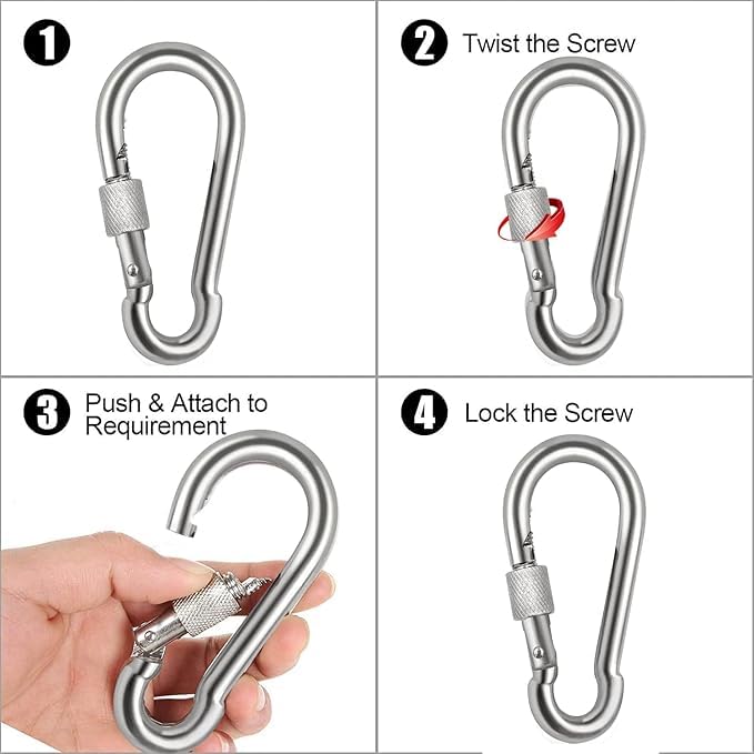 Image of Heavy Duty GI Carabiner Hook Screw Lock Carabiner Hook | Multipurpose Utility Clips for Keys, Bags, Bottles & Daily Use for Camping, Climbing, Hammock, Dog Leash, Swing (20)