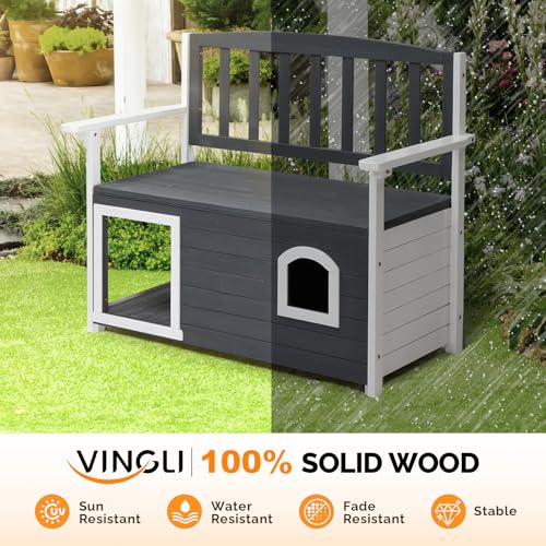 Image of VINGLI Outdoor Storage Bench with Built-in Dog House, 2-in-1 Outdoor Waterproof Patio Bench with Pet Kennel for Patio Backyard Porch (Gray)