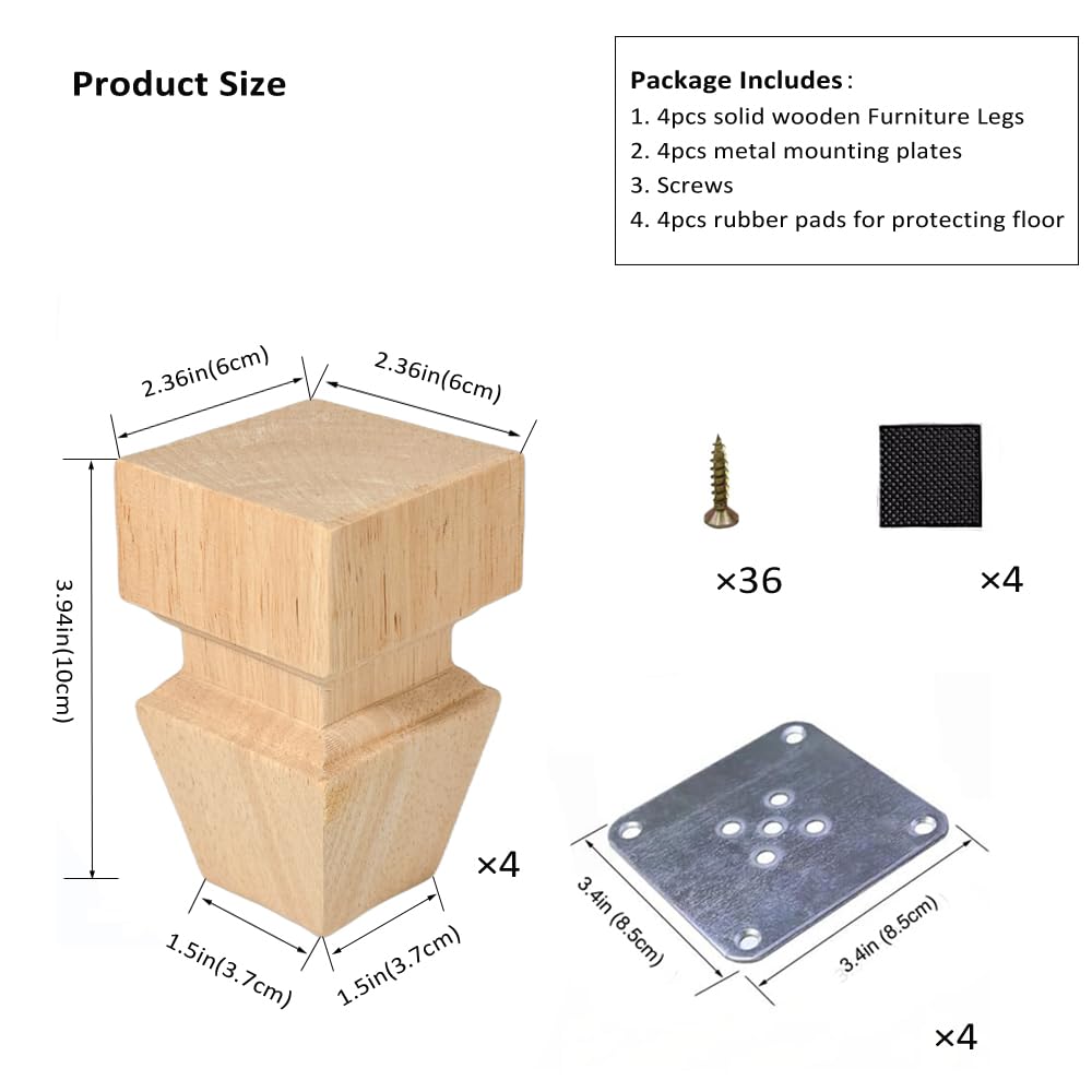 Aiminjey 10cm Wooden Furniture Legs with Mounting Plates Screws Set of 4 Solid Wood Unfinished Replacement Furniture Feet for Couch Cabinet Sofa Dresser Ottoman TV Stand Bed Home - Image 2